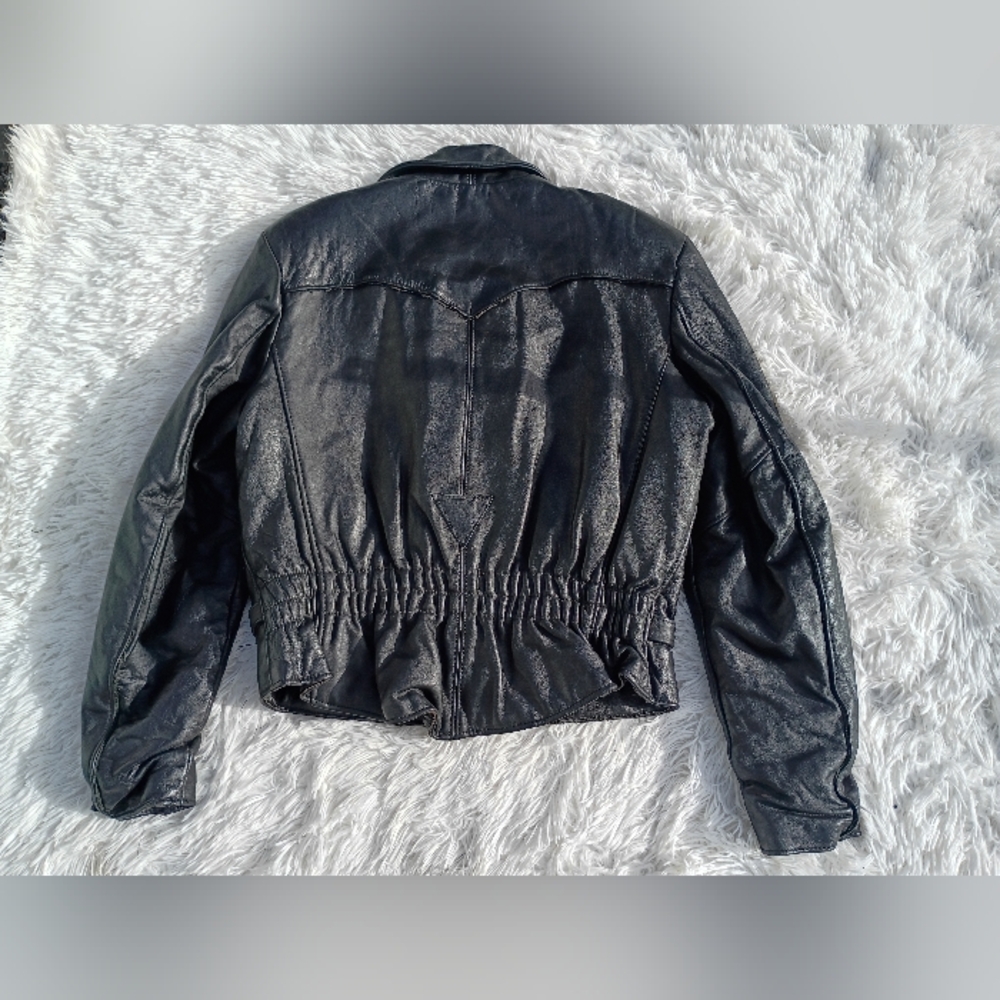 Steer Brand Black Leather Moto Jacket Belted Zip Front Size 14 USA - Picture 13 of 15